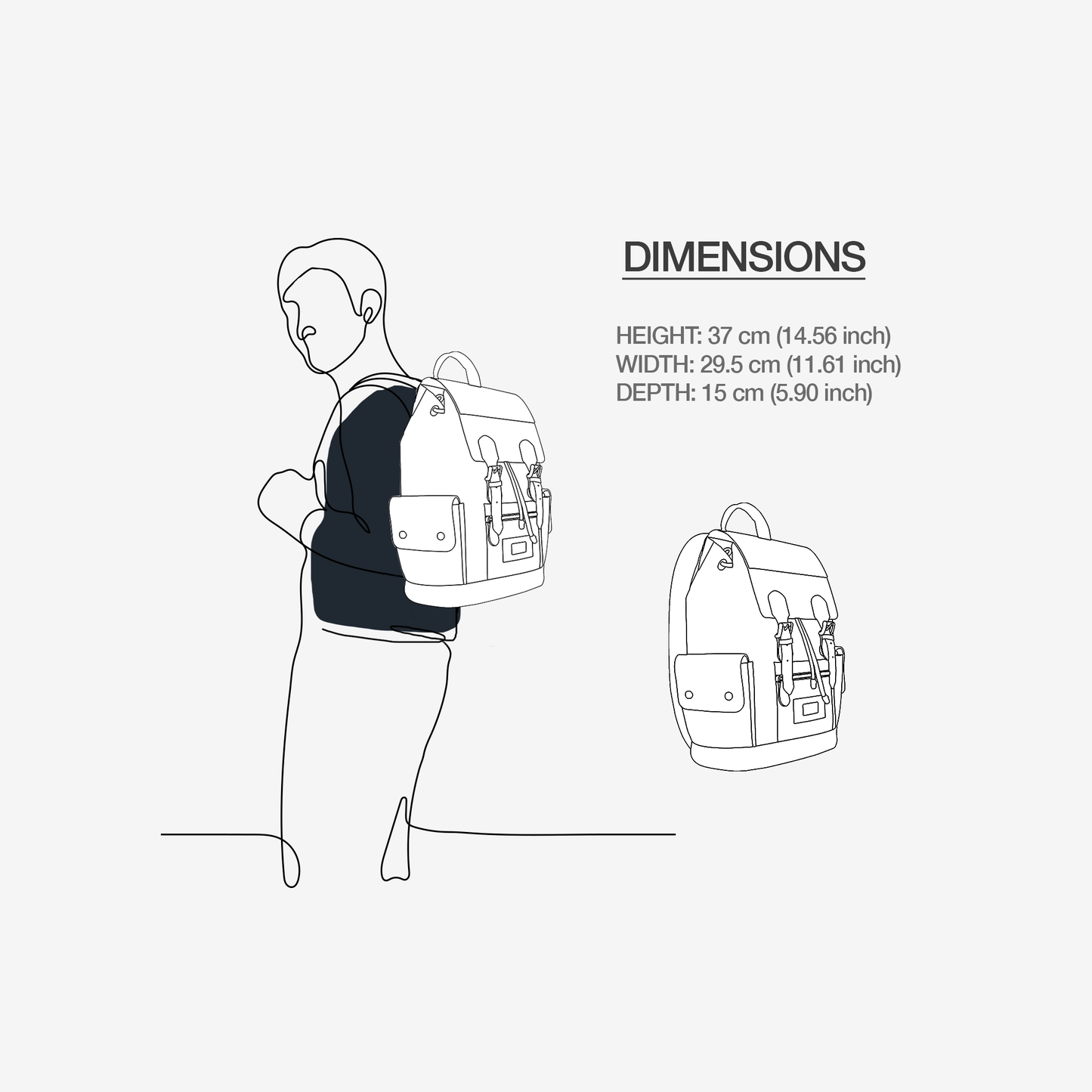 Model carrying the GoChic™ Backpack with a size chart