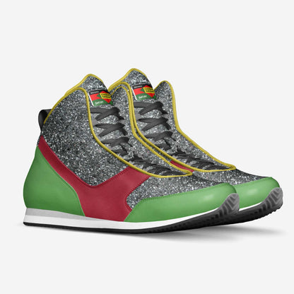 Model styling XK-Nubian Sneakers with a high-fashion outfit