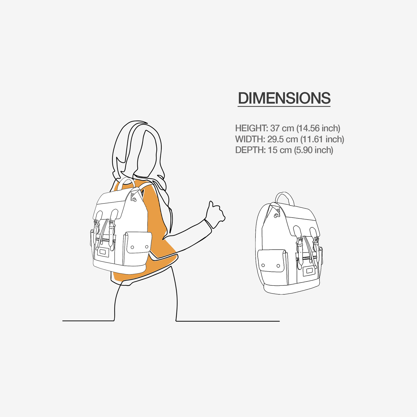 Model carrying the GoChic™ Backpack with a size chart. 