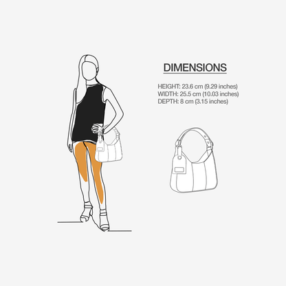 Model styling GoChic™ Clutch Bag with an elegant evening outfit and size chart